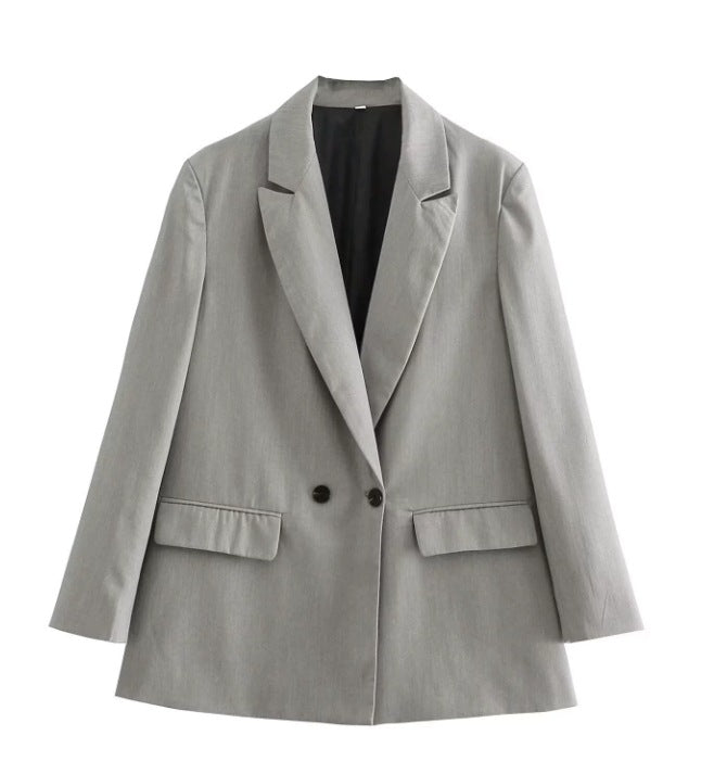 Damen 100+ geradliniger Longline Blazer mit Reverskragen, doppelreihiger Optik und Pattentaschen Drune
