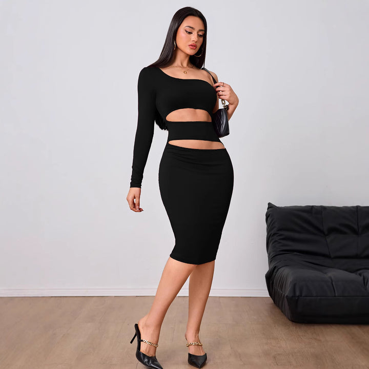 Damen figurbetontes Cut-Out-Midi-Kleid mit asymmetrischem Design und langen Ärmeln Drune