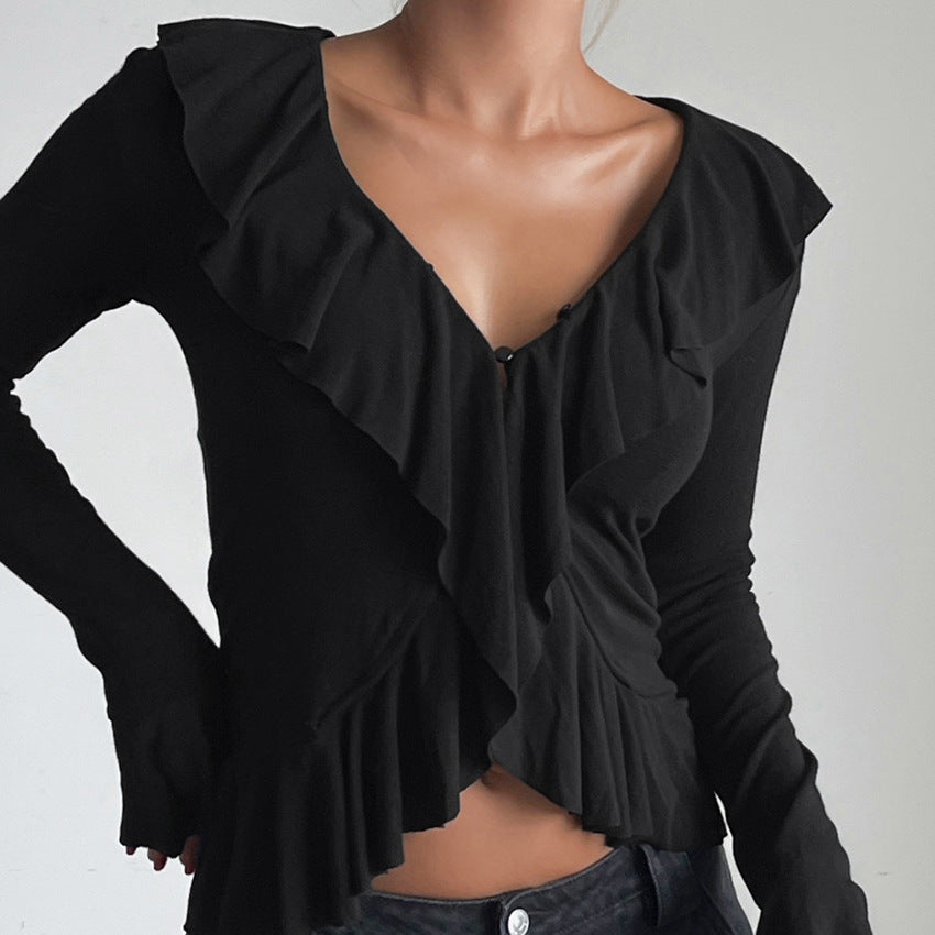 Damen Rüschenbluse mit verführerischem V-Ausschnitt und elastischem Saum Drune