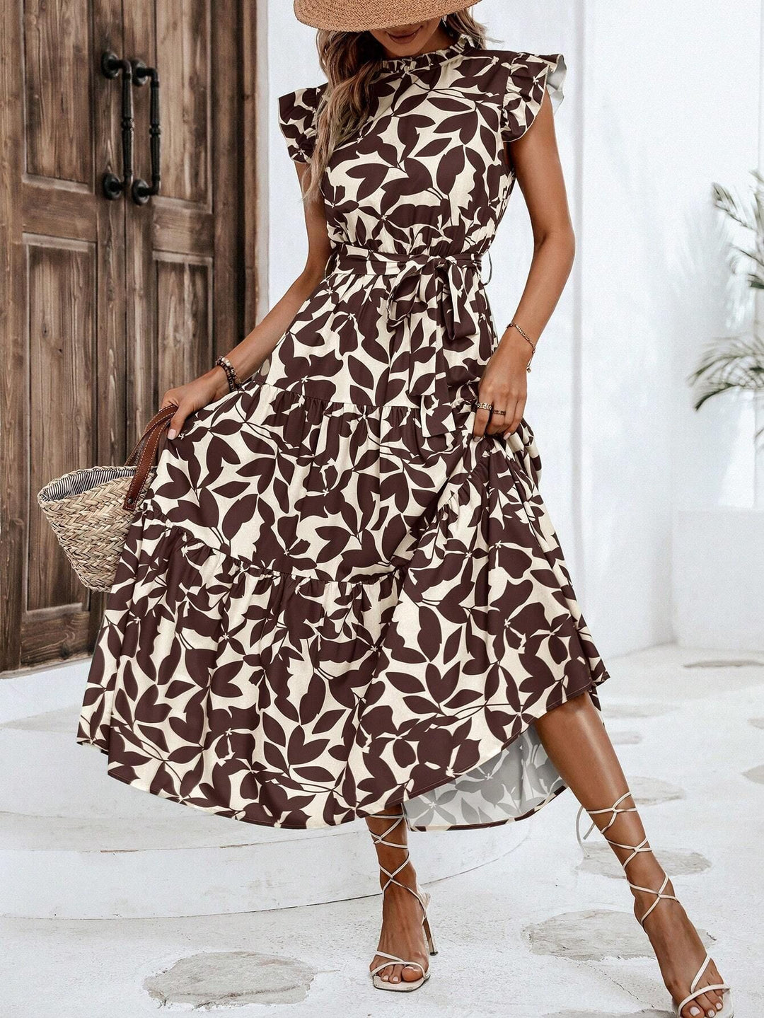 Damen lässiges Midi-Kleid mit Rüschen und floralem Muster Drune