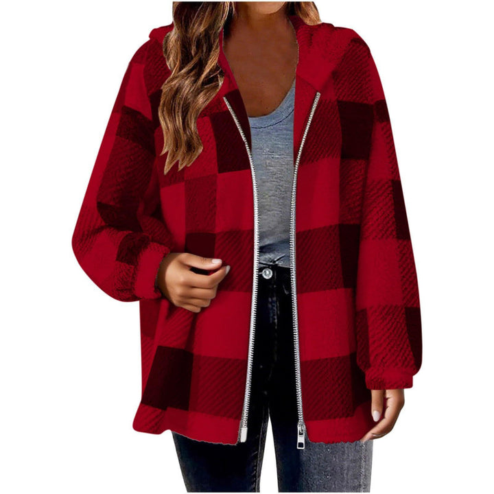 Damen Fleecejacke mit Karo-Muster und Kapuze Drune