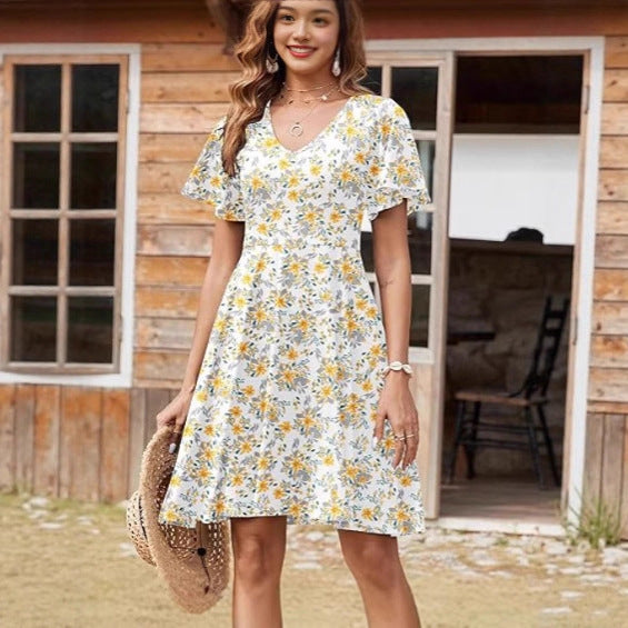 Damen Blumenkleid mit V-Ausschnitt und Röcken Drune