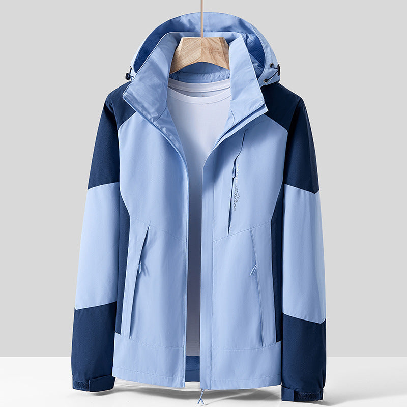 Unisex Atmungsaktive Softshell-Outdoorjacke im Colorblock-Design mit regulierbarer Kapuze und verdecktem Zweiwege-Reißverschluss Drune