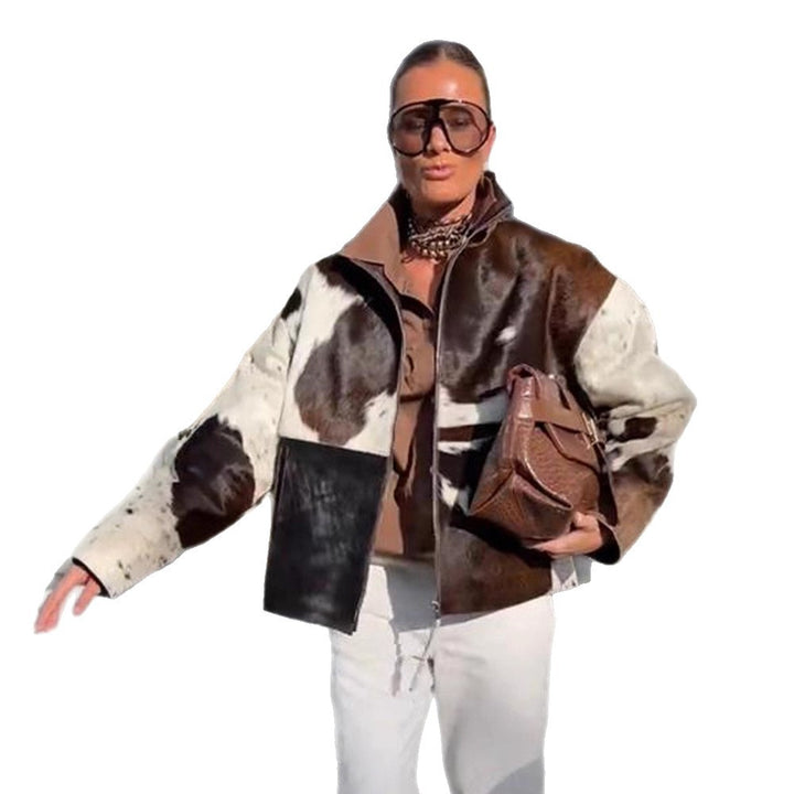Damen Kurzjacke aus Haarigem Kunstfell mit Patchwork‑Optik und hohem Stehkragen Drune
