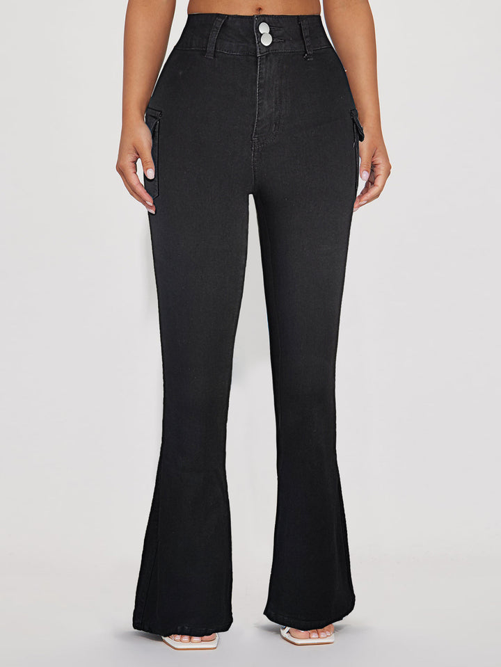 Damen Hochtaillierte Flared-Denimhose mit seitlichen Cargo-Pattentaschen & Doppelknopf Drune