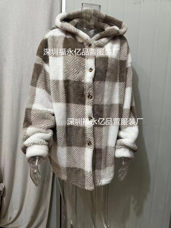 Damen nan kuschelige karierte Teddyjacke mit Kapuze, Knopfverschluss und oversized Schnitt Drune