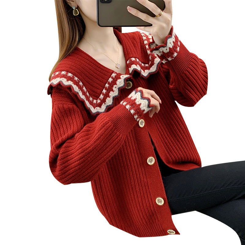 Damen Strickjacke mit kontrastierendem Kragen und Knopfdetails Drune