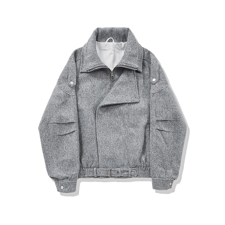 Damen Kurz geschnittene Wollmix-Bikerjacke mit asymmetrischer Front und Taillengürtel Drune