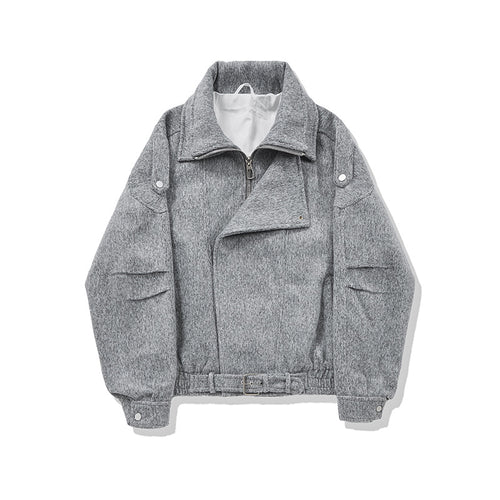 Damen Kurz geschnittene Wollmix-Bikerjacke mit asymmetrischer Front und Taillengürtel Drune