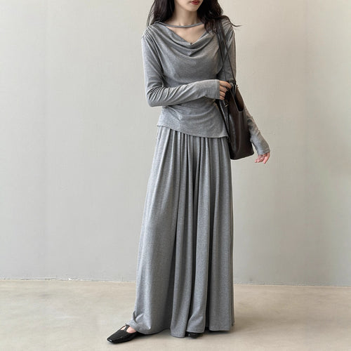Damen Zweiteiliges Jersey-Set mit asymmetrischem Wasserfallkragen und weitem Maxirock Drune