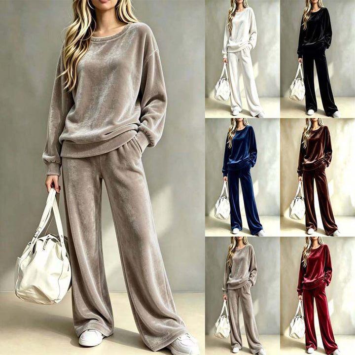 Damen Weiches Velours-Loungewear-Set mit weitem Bein und Rundhalsausschnitt Drune