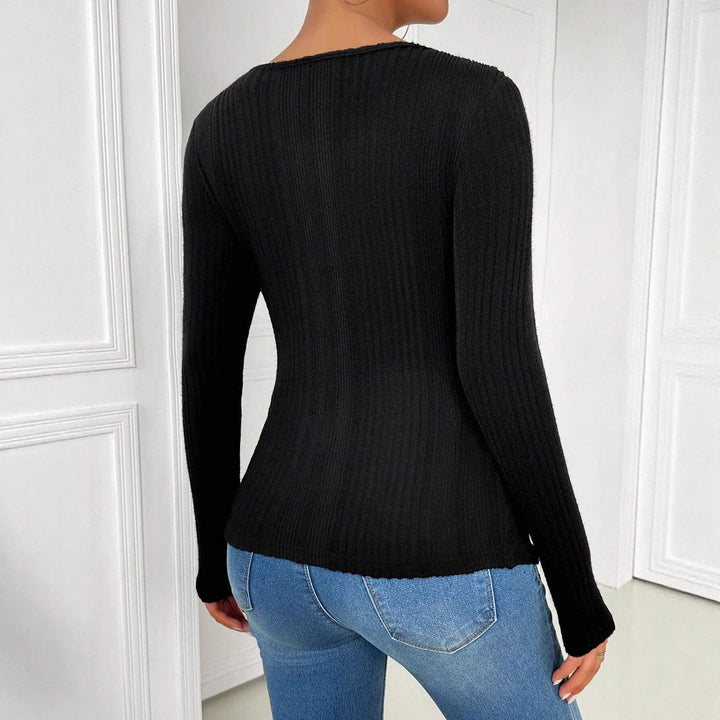 Damen nan figurbetontes langärmeliges Rippstricktop mit Schlüsselloch und asymmetrischem Ausschnitt Drune