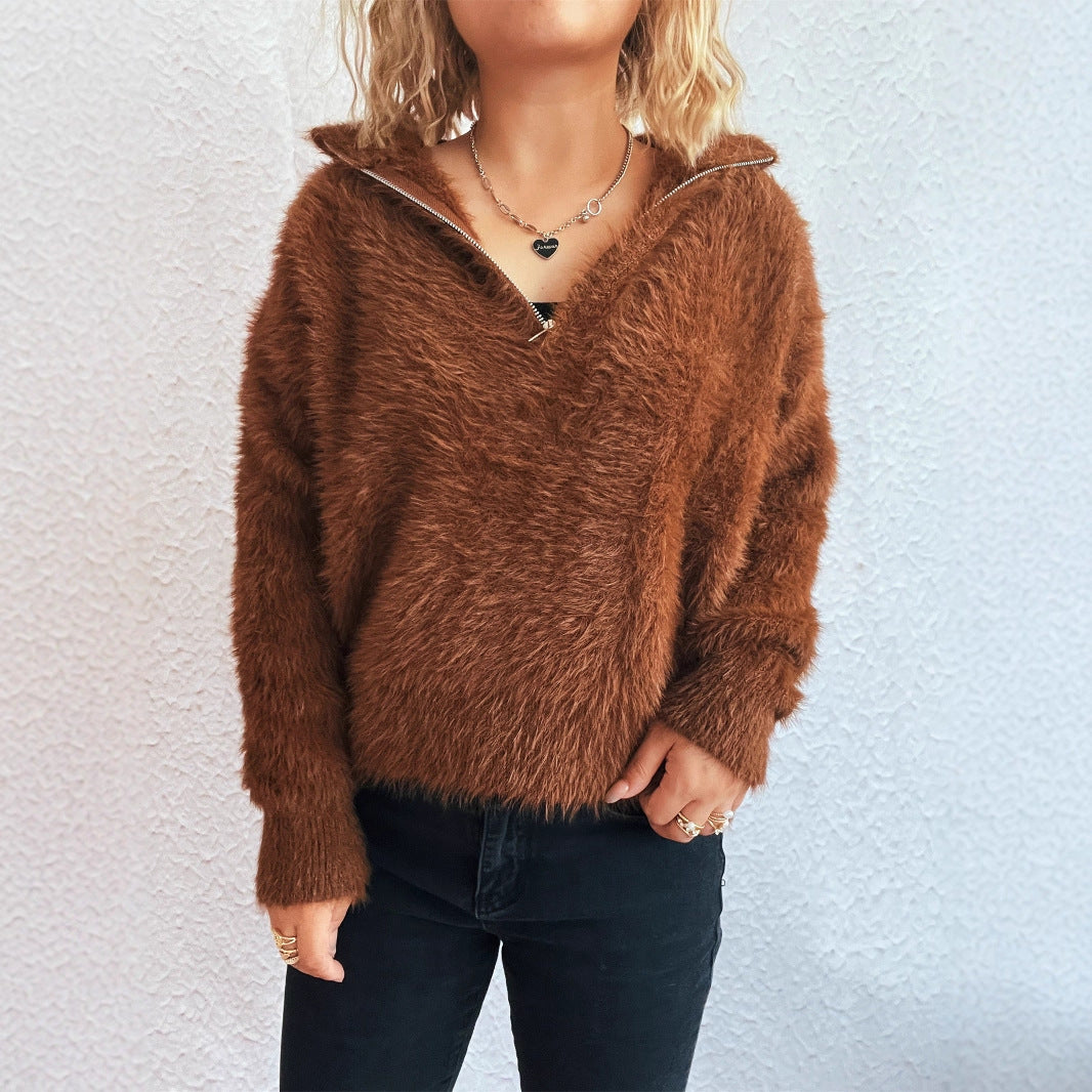 Damen kuscheliger Pullover mit hohem Kragen und Reißverschluss Drune