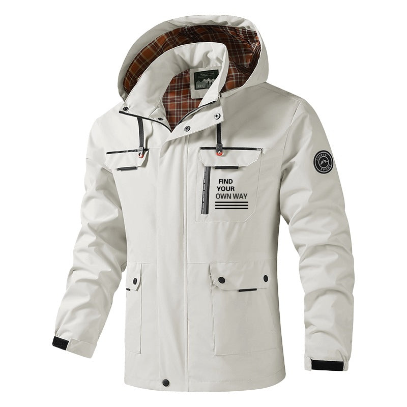 Herren Atmungsaktive wasserabweisende Kapuzen-Outdoorjacke mit kariertem Innenfutter, Multifunktions-Taschen & verstellbarer Kapuze Drune