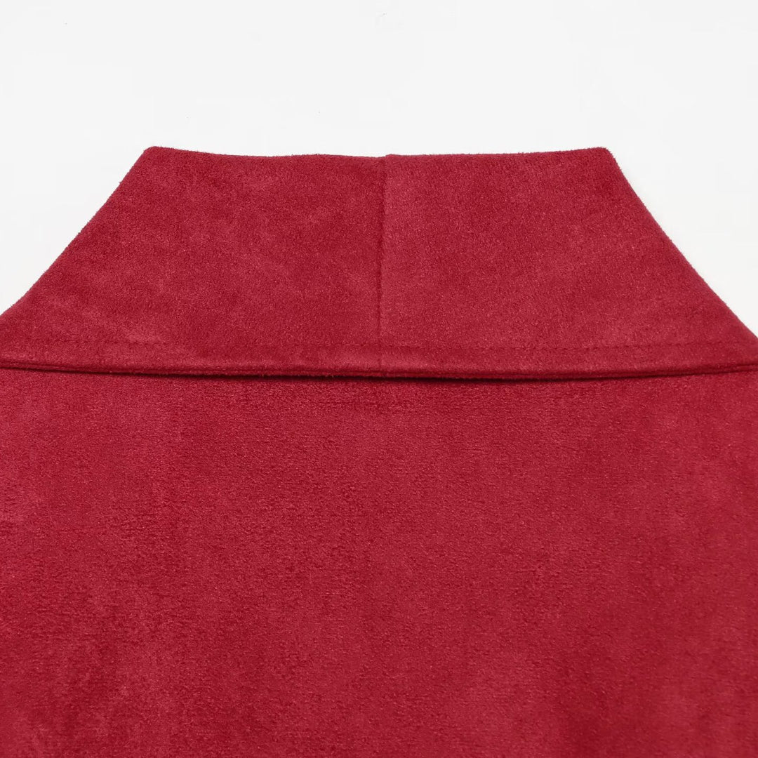 Damen Cropped Jacke im Kimono-Stil aus Veloursoptik mit Schalkragen und Bindegürtel Drune