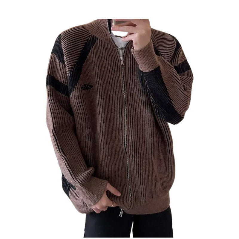 Herren modische Strickjacke mit modernem Zipper und auffälligem Streifenmuster Drune