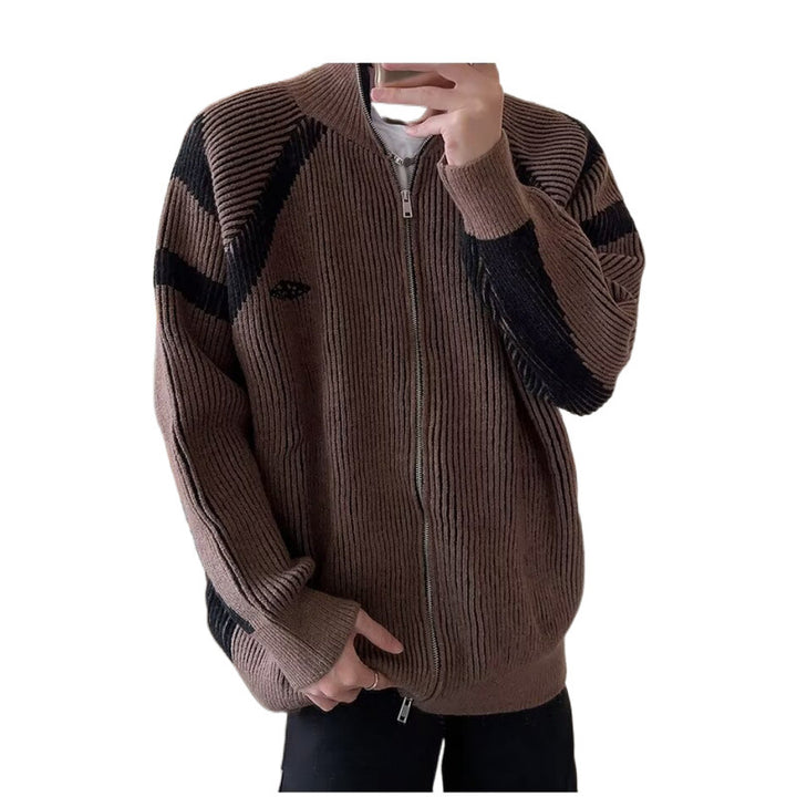 Herren modische Strickjacke mit modernem Zipper und auffälligem Streifenmuster Drune