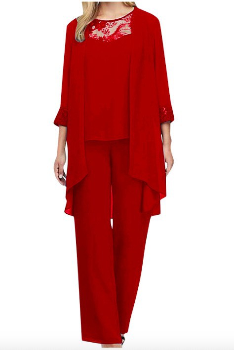 Damen nan fließendes Chiffon-Abendensemble mit Spitzenbesatz, Kimono-Cardigan und weiter Palazzohose Drune