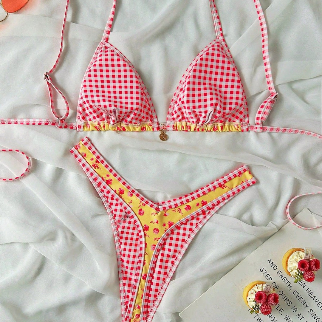 Damen Triangel-Bikini mit Rüschendetails und Karomuster Drune