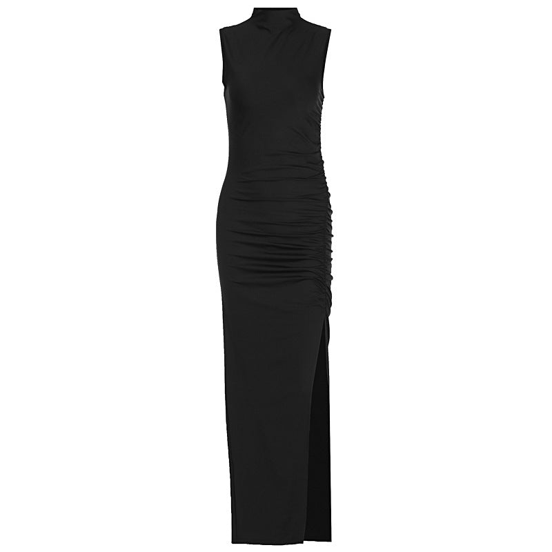 Damen Figurbetontes Maxikleid mit Stehkragen und geschmeidigem Rüschen-Design Drune