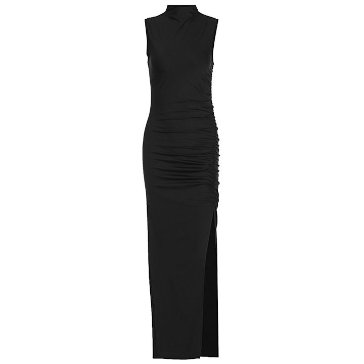 Damen Figurbetontes Maxikleid mit Stehkragen und geschmeidigem Rüschen-Design Drune