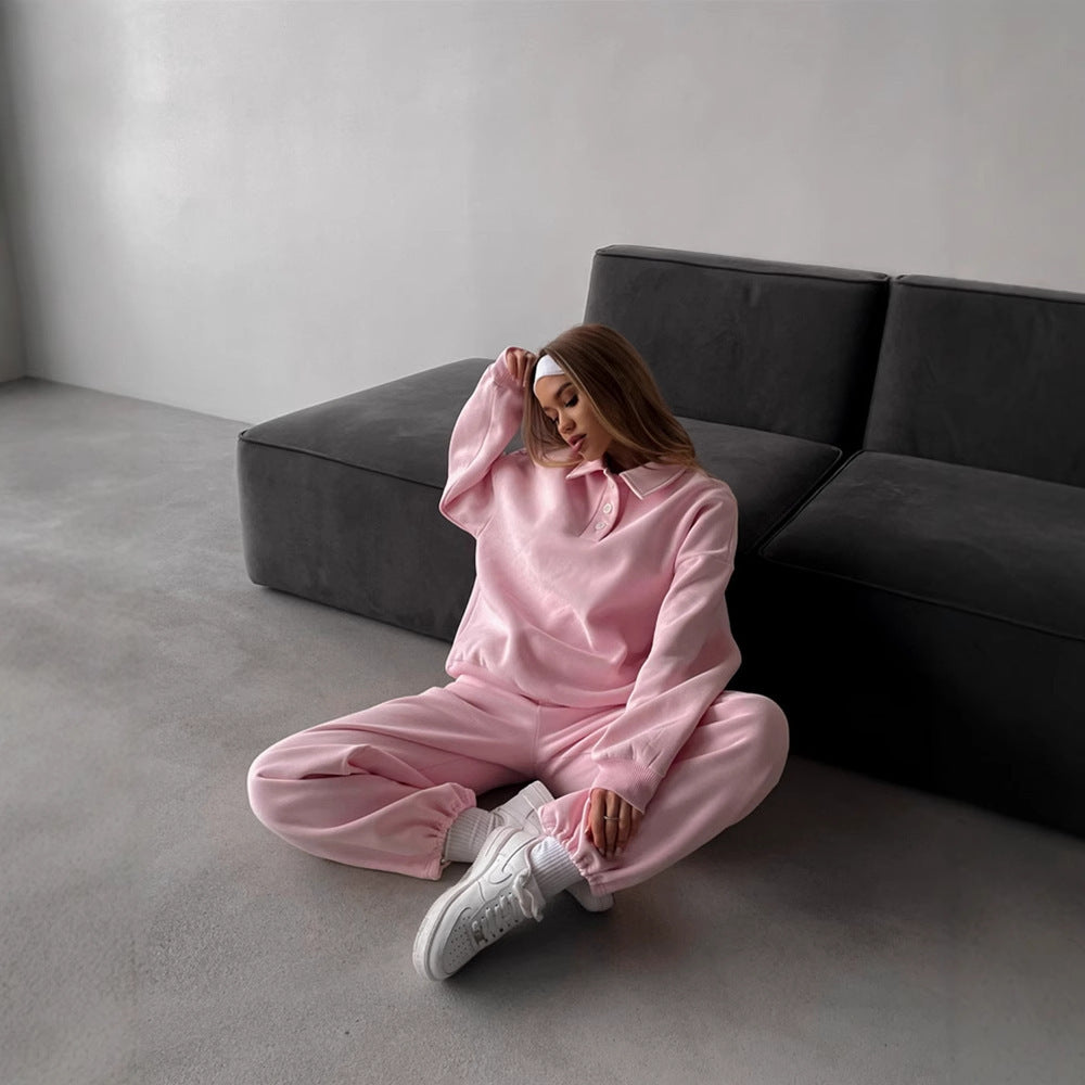 Damen Sportliches Loungewear-Set mit weiten Hosen und modischem Kragen