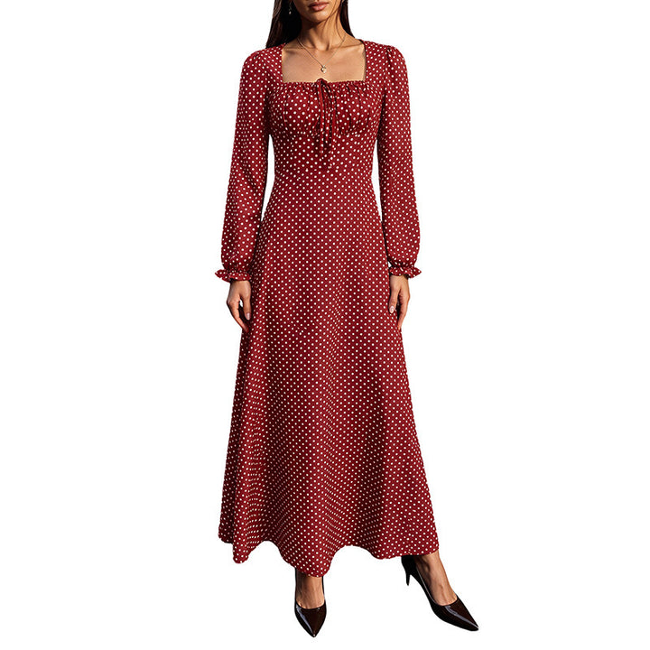 Damen Retro-Maxikleid mit quadratischem Ausschnitt, geraffter Brustpartie und langen Ärmeln Drune
