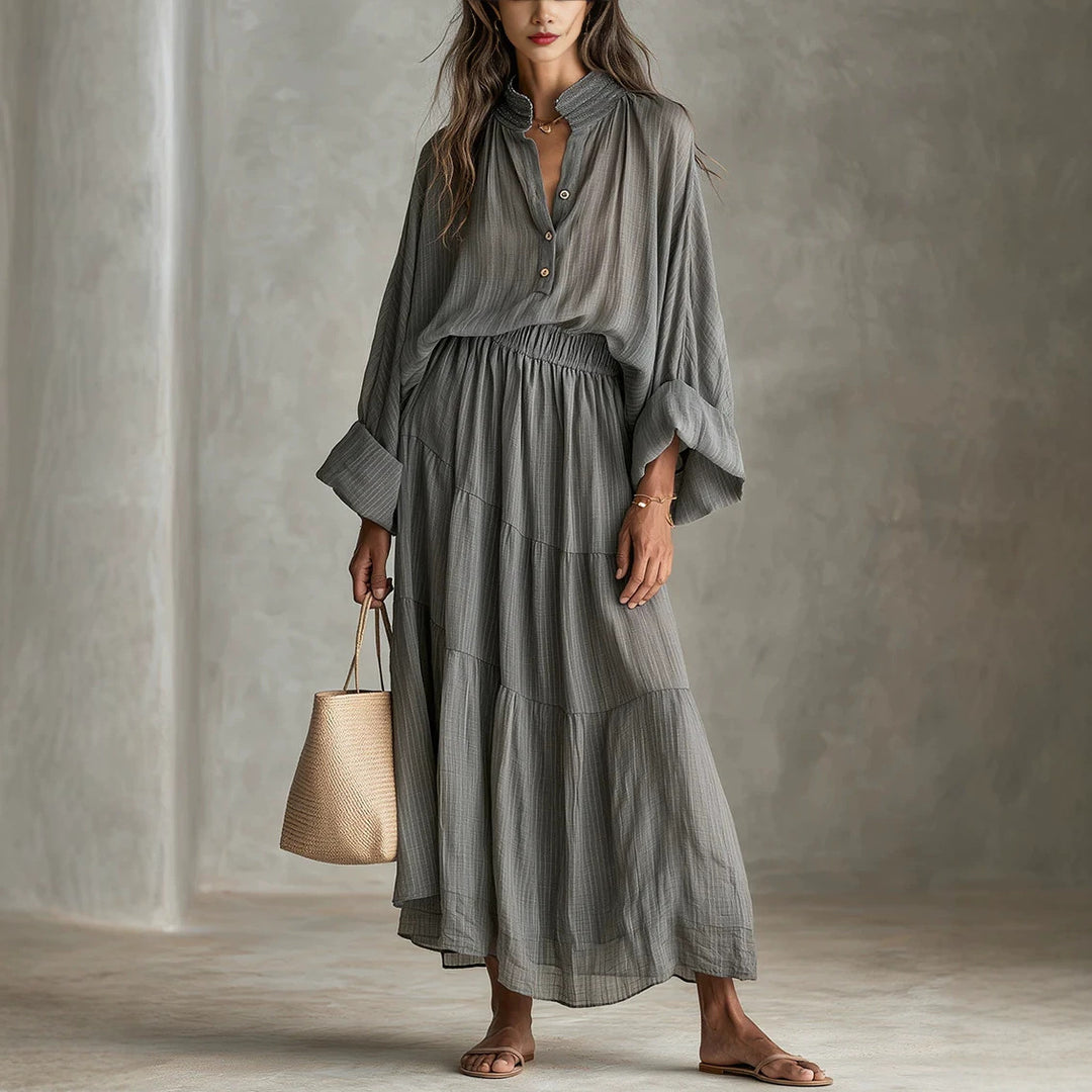 Damen Maxikleid mit geraffter Taille, Stehkragen und voluminösen Ballonärmeln Drune