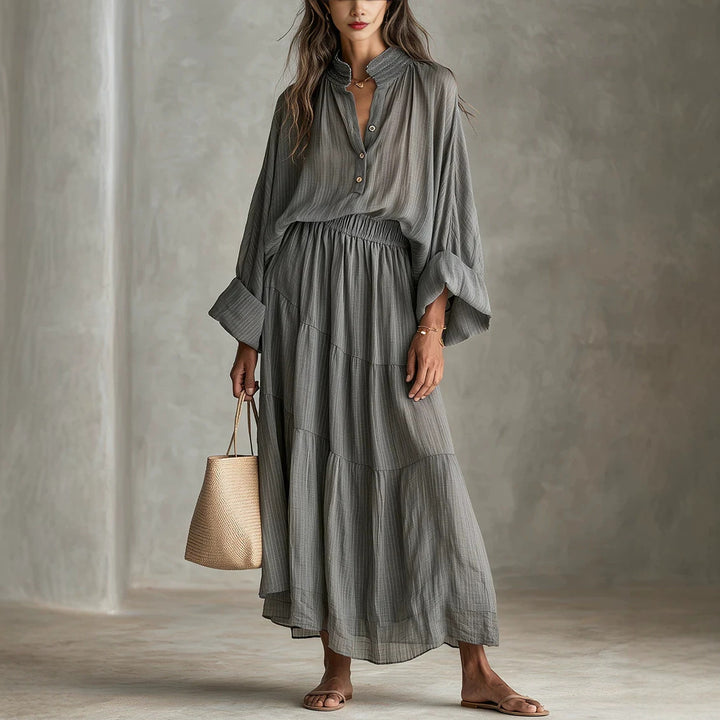 Damen Maxikleid mit geraffter Taille, Stehkragen und voluminösen Ballonärmeln Drune