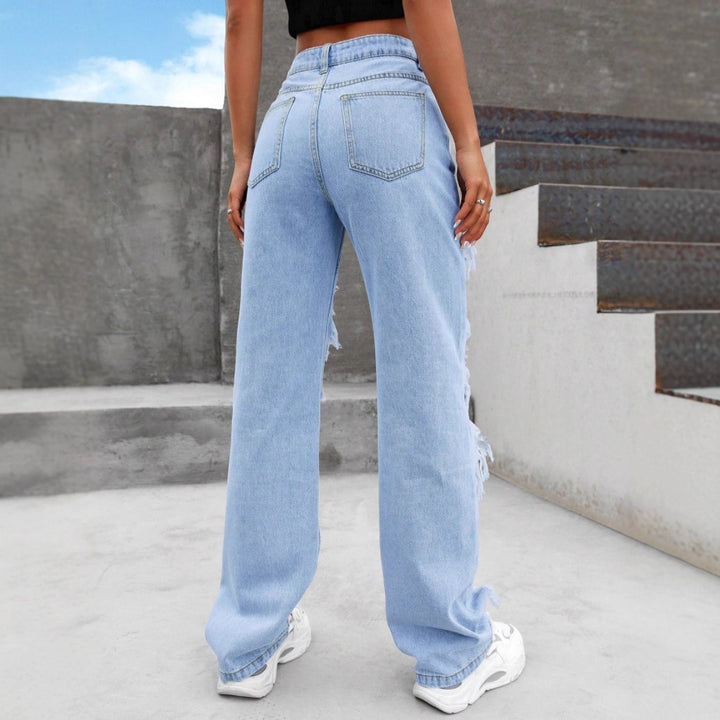 Damen hochgeschnittene stark zerstörte Denim-Jeans mit weitem Bein und dekorativen Nahtpaneelen Drune