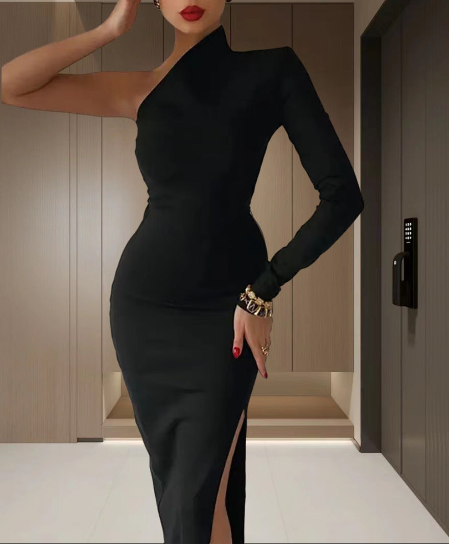 Damen Elegantes asymmetrisches Abendkleid mit hohem Schlitz und langem Arm Drune