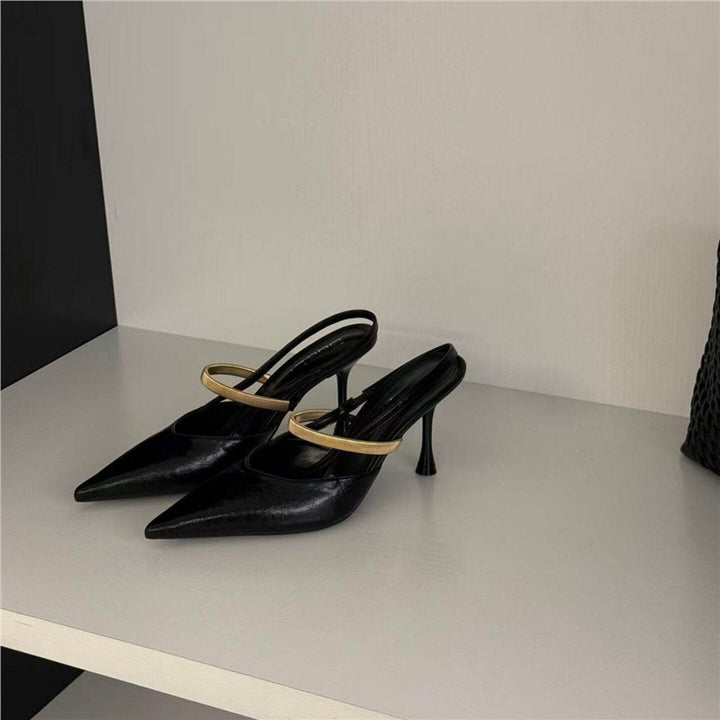 Damen Spitz zulaufende Slingback-Mules mit goldfarbenem Zierriemen und skulpturiertem Stiletto-Absatz Drune