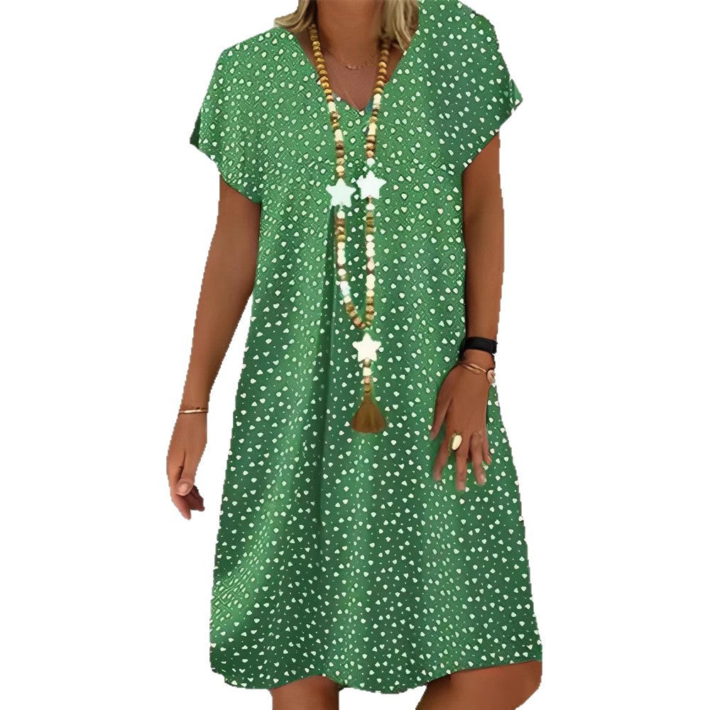 Damen nan locker fallendes V-Ausschnitt-Kurzkleid mit A-Linien-Schnitt, Cap-Ärmeln und Allover-Herzchenprint Drune