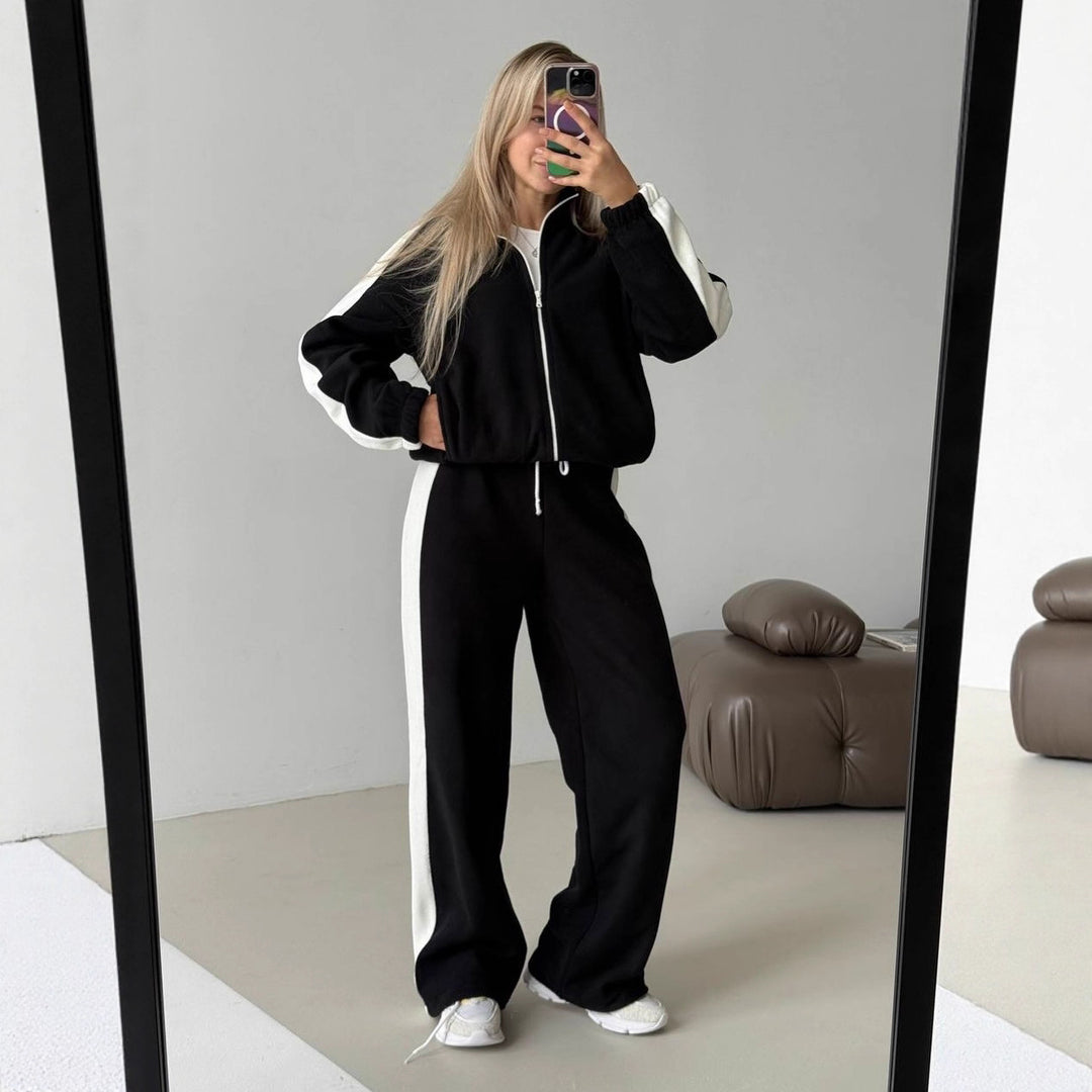 Damen sportlich-elegantes Fleece-Trainingsset mit kurzem Stehkragen-Zip, elastischem Bund und seitlichen Kontrastbahnen Drune