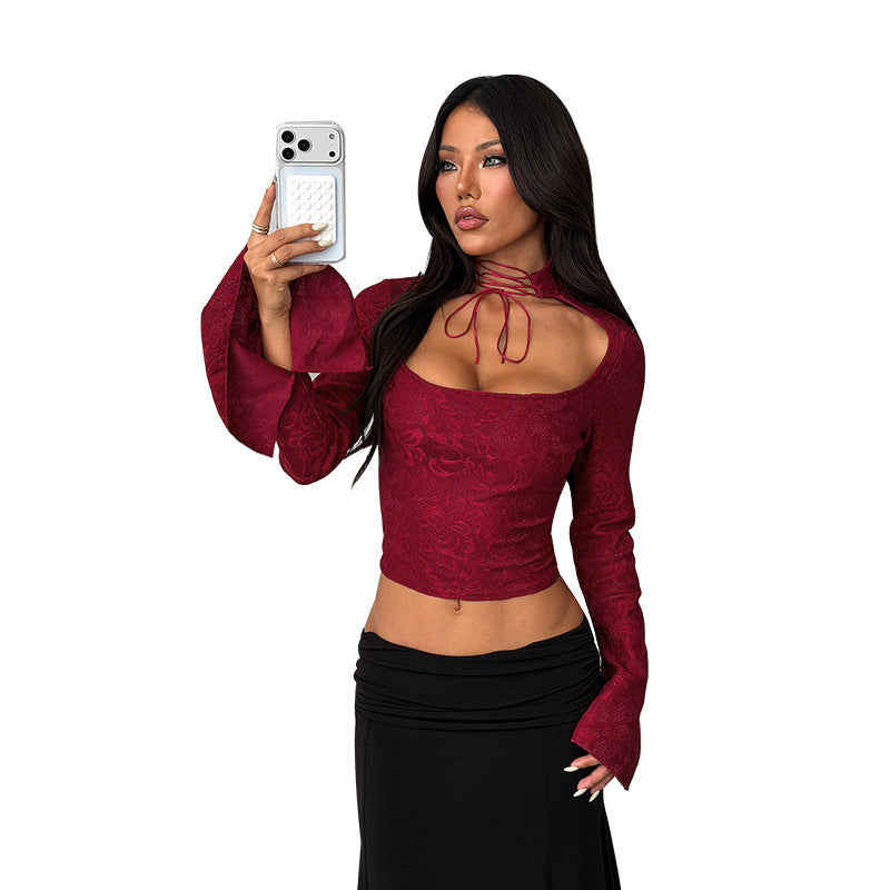 Damen elegantes Langarm-Top mit schickem Stehkragen und floralem Muster Drune
