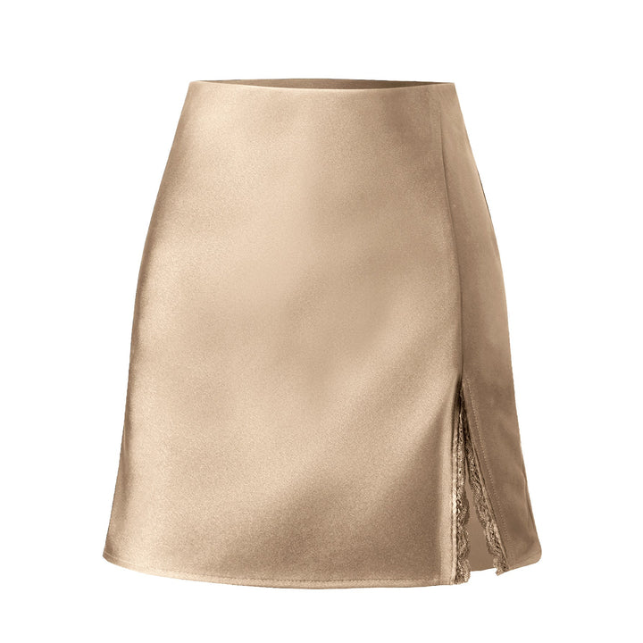 Damen Satin-Rock mit seitlichem Schlitz und Spitzenakzenten Drune