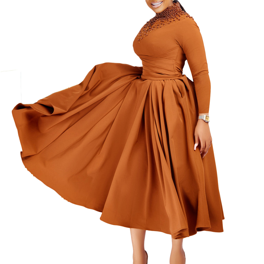Damen elegantes Maxikleid mit kunstvoller Perlenverzierung und tailliertem Design Drune