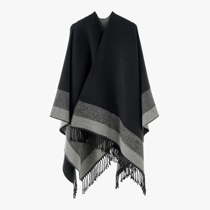 Damen Oversize Capeponcho aus feinem Wollmix mit V‑Ausschnitt, Streifenbordüre und Fransensaum Drune