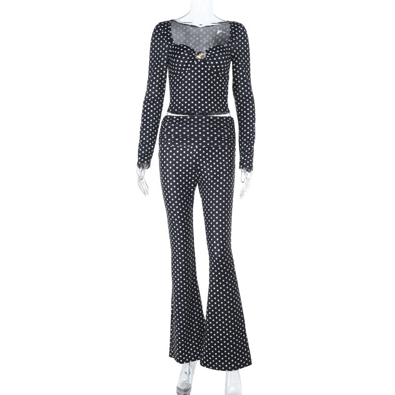Damen figurbetonter Jumpsuit mit langen Ärmeln und Polka-Dot Muster Drune