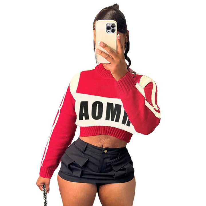Damen Kurzgeschnittenes Cropped-Strickshirt mit hohem Rollkragen und kontrastierendem Logo Drune
