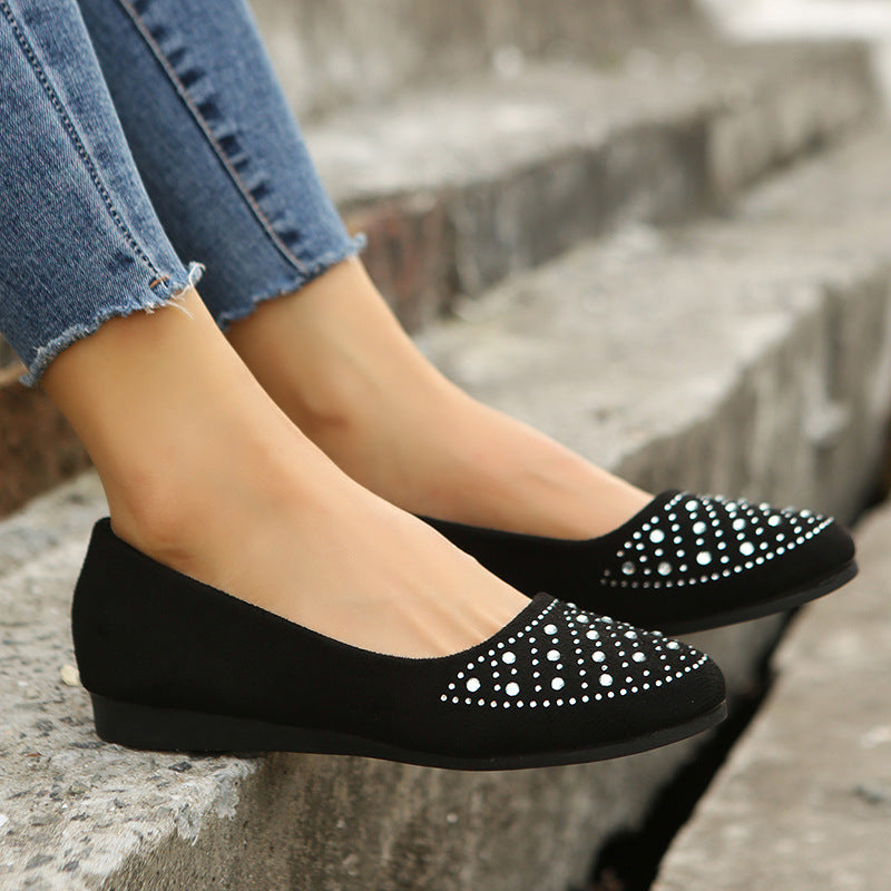 Damen nan flache Ballerina-Slipper aus Veloursimitat mit Strassapplikation und gepolsterter Komfortinnensohle Drune