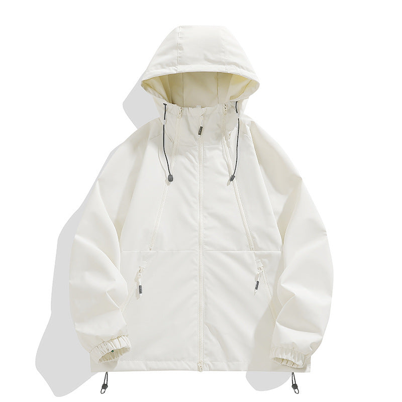 Unisex Leichter Kapuzen-Windbreaker mit wasserabweisender Oberfläche, Reißverschlusstaschen und Kordelzug Drune