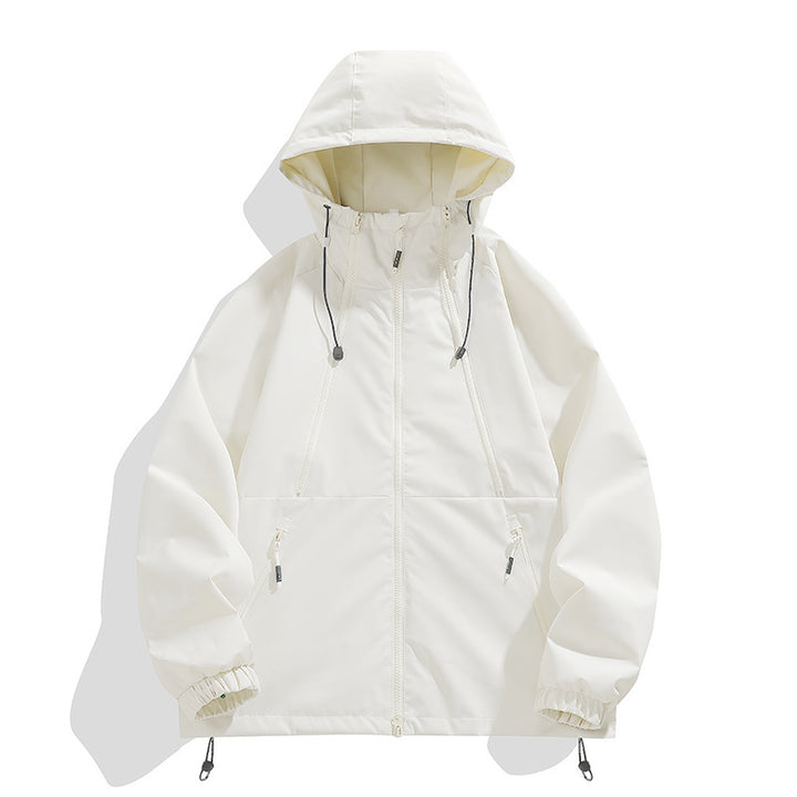 Unisex Leichter Kapuzen-Windbreaker mit wasserabweisender Oberfläche, Reißverschlusstaschen und Kordelzug Drune
