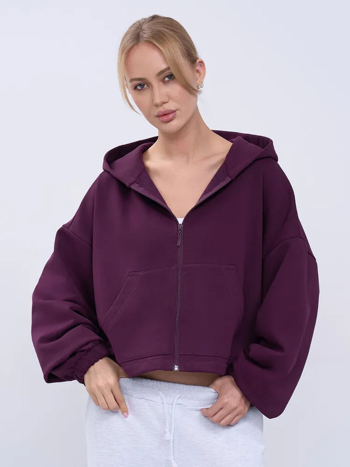 Damen legeres Cropped-Fleece-Hoodie mit Tunnelzugbund, Raglanärmeln und Reißverschluss Drune