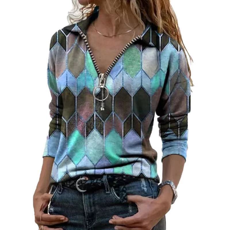 Damen Zip-Pullover mit Polokragen, grafischem Rautenprint und schmaler Passform Drune