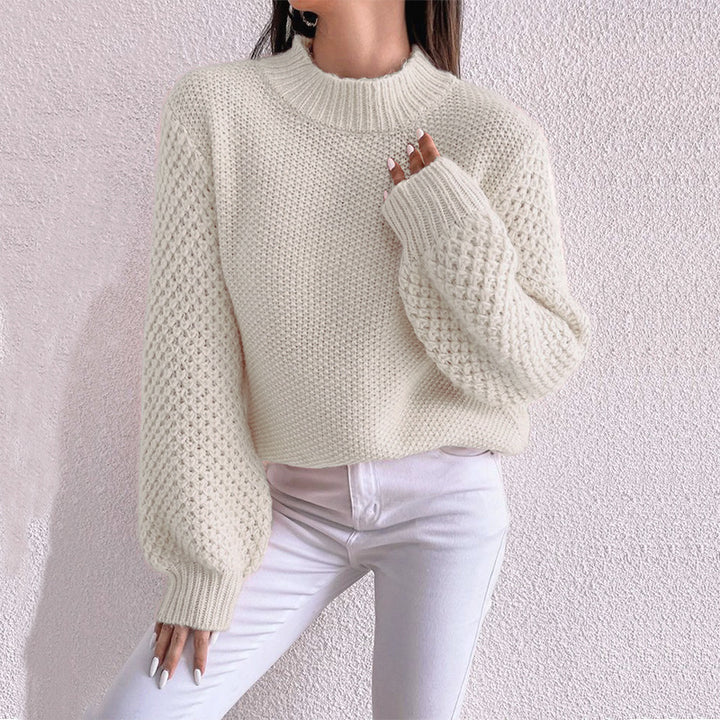Damen Kurzgeschnitteter Grobstrick-Pullover mit Voluminösen Netzstruktur-Ärmeln und Stehkragen Drune