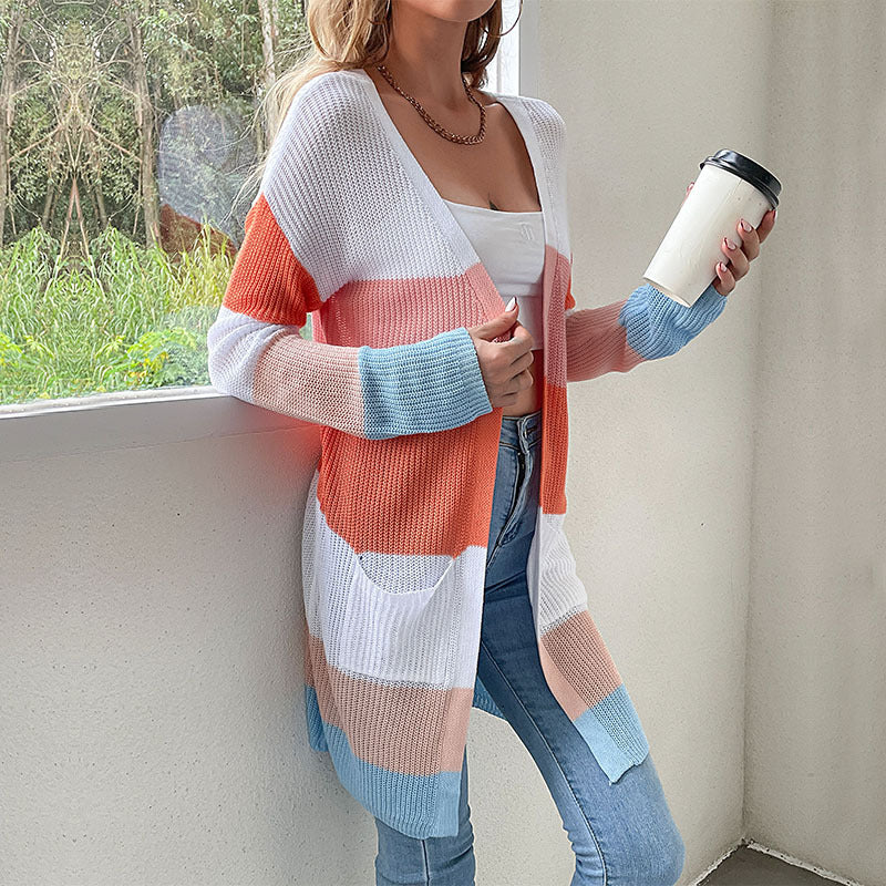 Damen Langer Blockstreifen-Strickcardigan mit offenem Schnitt, Eingrifftaschen und leichter Ajourstruktur Drune