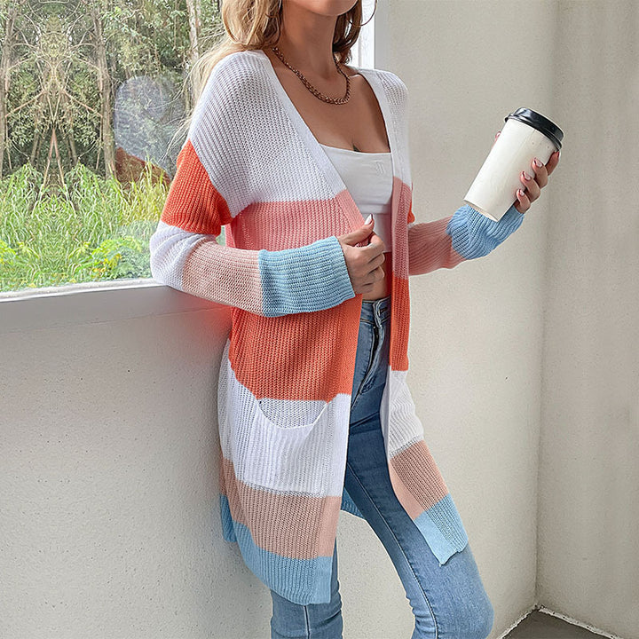Damen Langer Blockstreifen-Strickcardigan mit offenem Schnitt, Eingrifftaschen und leichter Ajourstruktur Drune