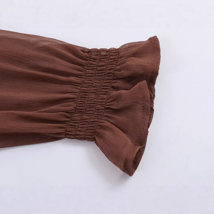 Damen Chiffonbluse mit Smokoberteil, voluminösen Ballonärmeln und Rüschenkragen Drune