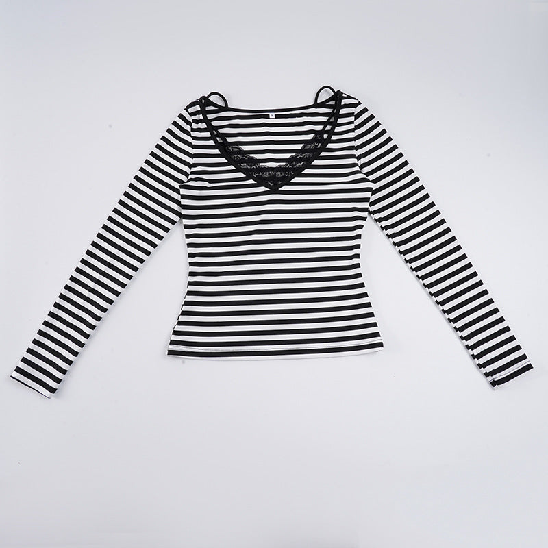 Damen nan gestreiftes Langarmshirt mit Spitzen‑V-Ausschnitt und Doppelspaghettiträger Drune